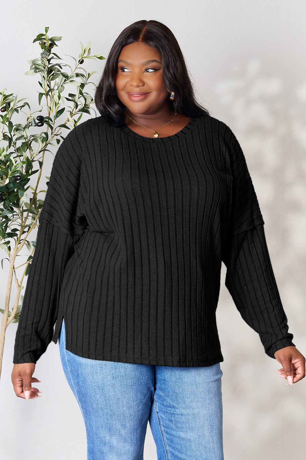 Ribbed Round Neck Slit Knit Top - 5 Colors