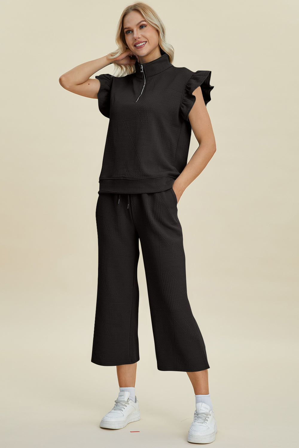 Texture Ruffle Short Sleeve Top and Wide Leg Pants Set - 5 Colors