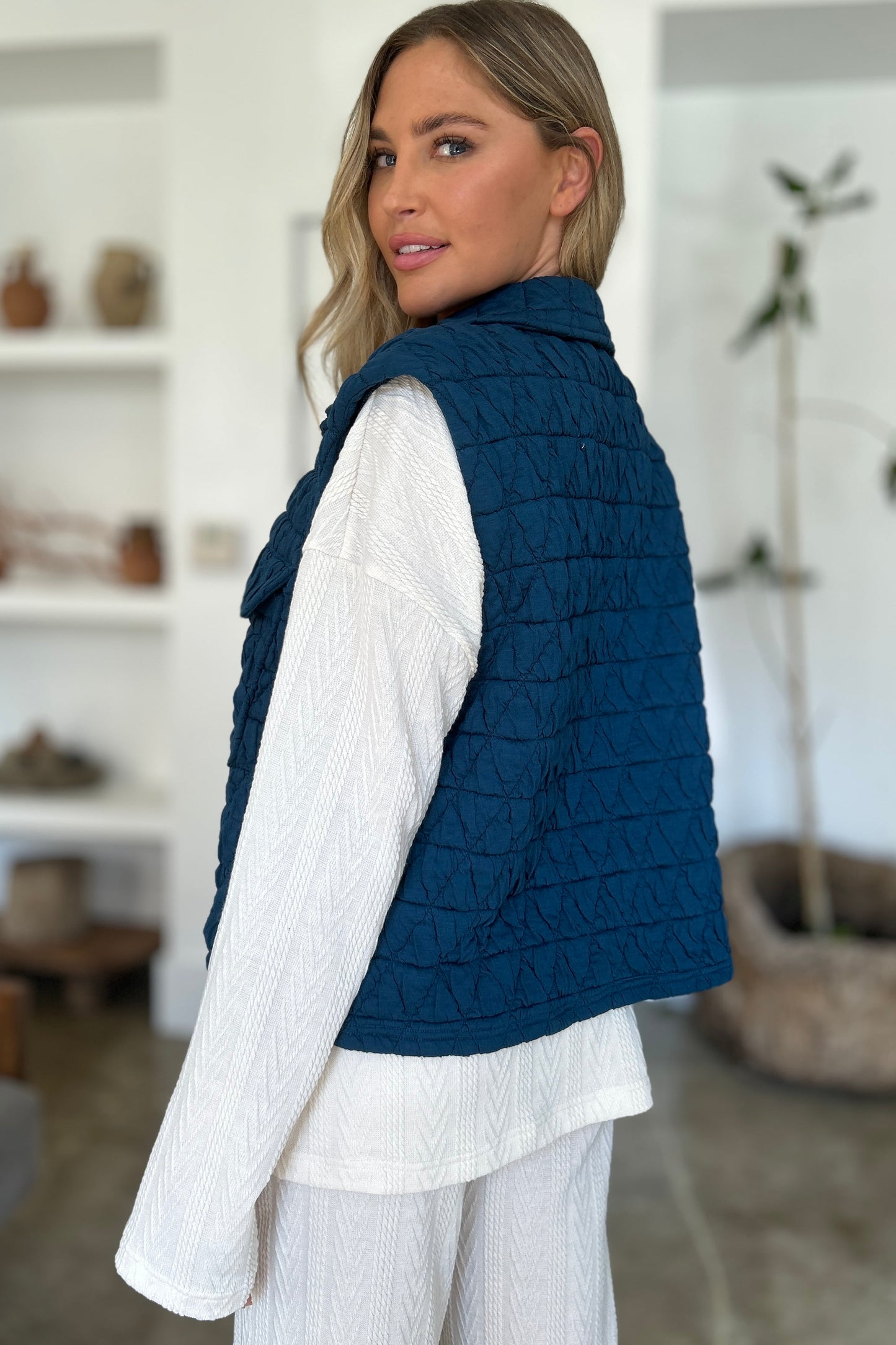 Pocketed Texture Snap Down Vest Coat - 2 Colors