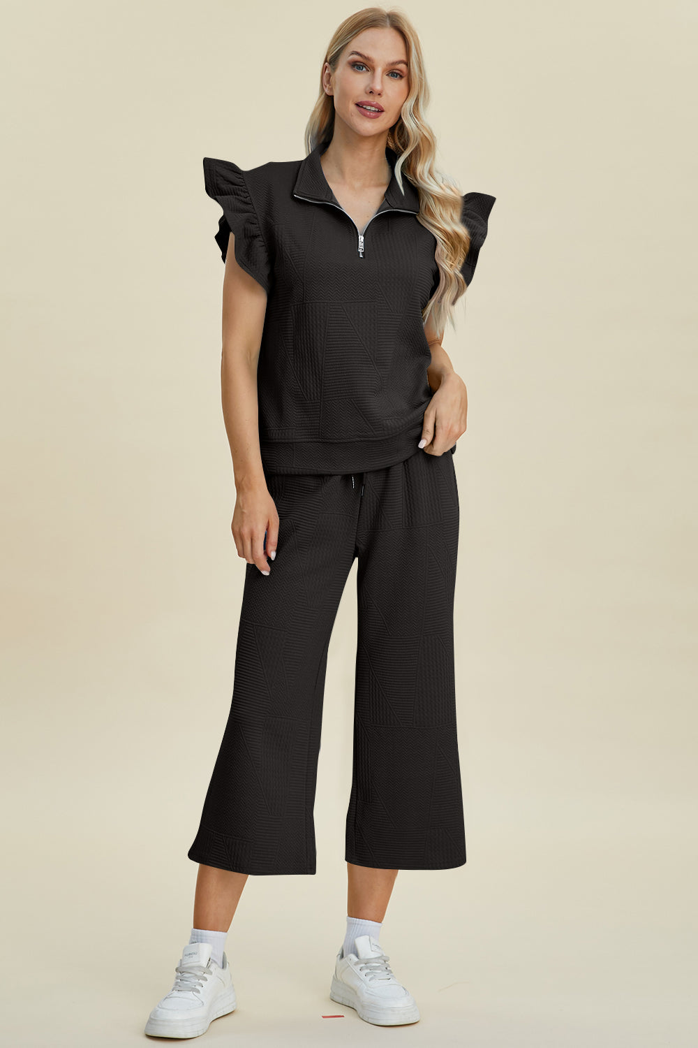 Texture Ruffle Short Sleeve Top and Wide Leg Pants Set - 5 Colors