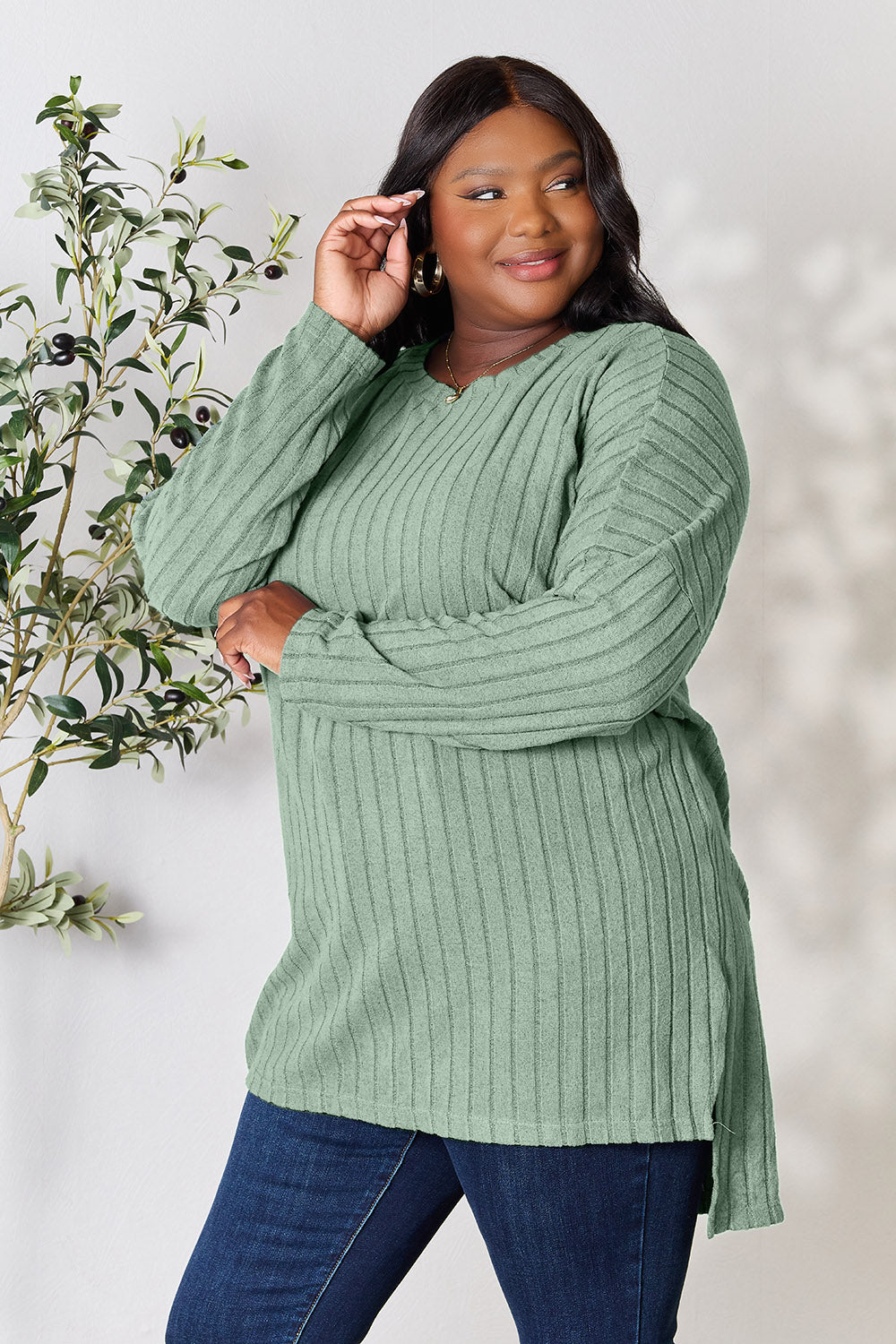 Ribbed Round Neck Long Sleeve Slit Top - 5 Colors
