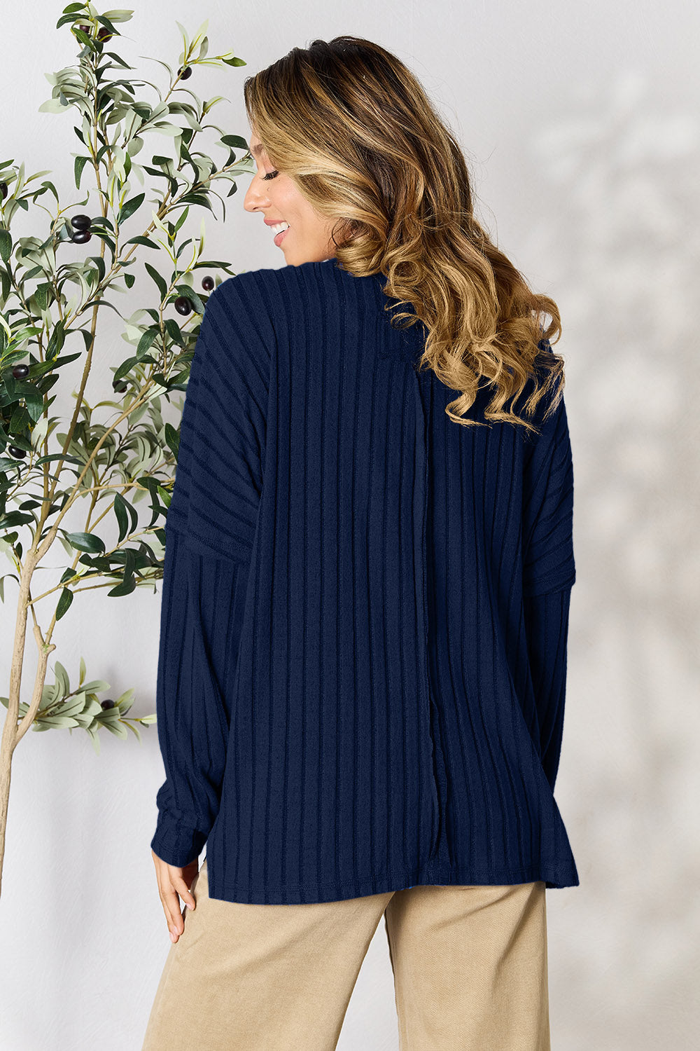 Ribbed Round Neck Slit Knit Top - 5 Colors
