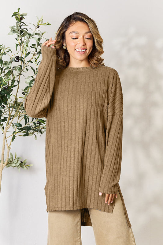 Ribbed Round Neck Long Sleeve Slit Top - 5 Colors