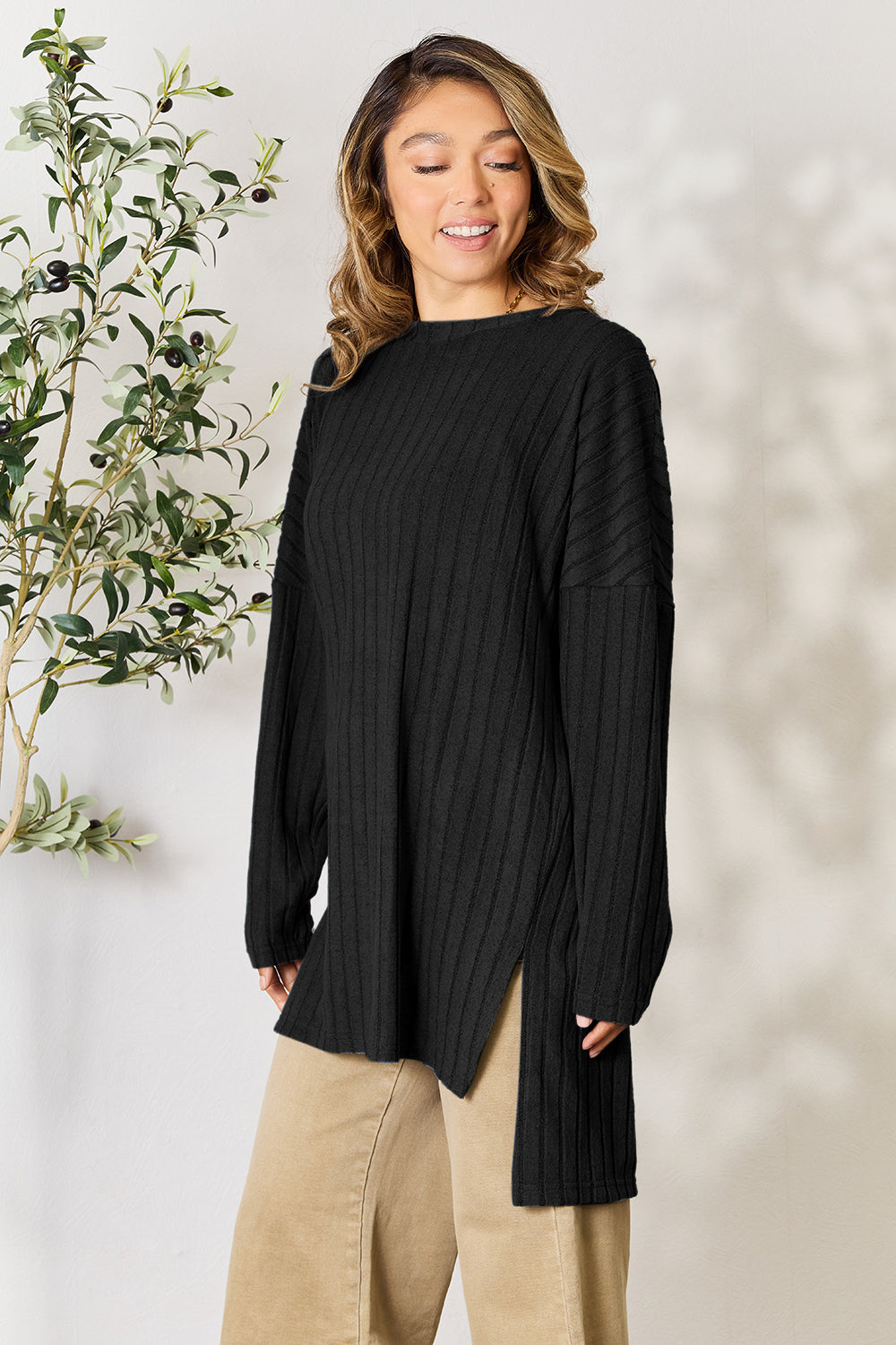 Ribbed Round Neck Long Sleeve Slit Top - 5 Colors