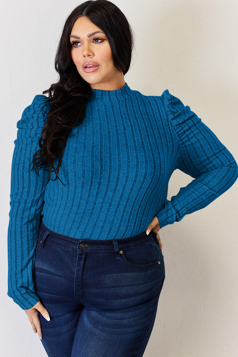 Ribbed Mock Neck Puff Sleeve T-Shirt - 5 Colors