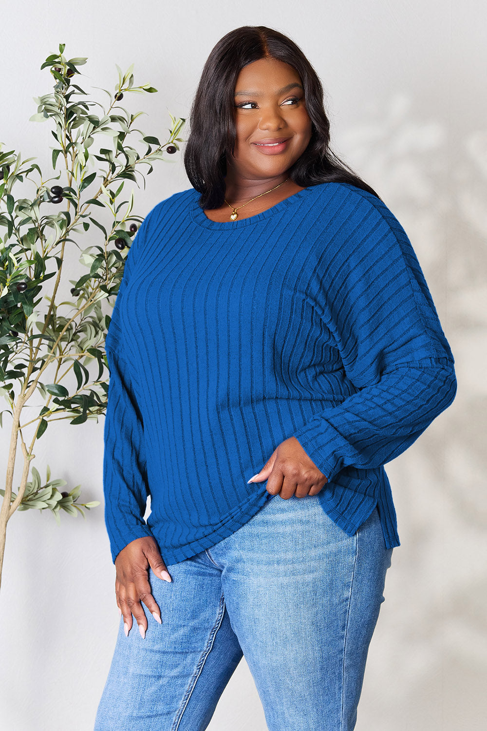 Ribbed Round Neck Slit Knit Top - 5 Colors