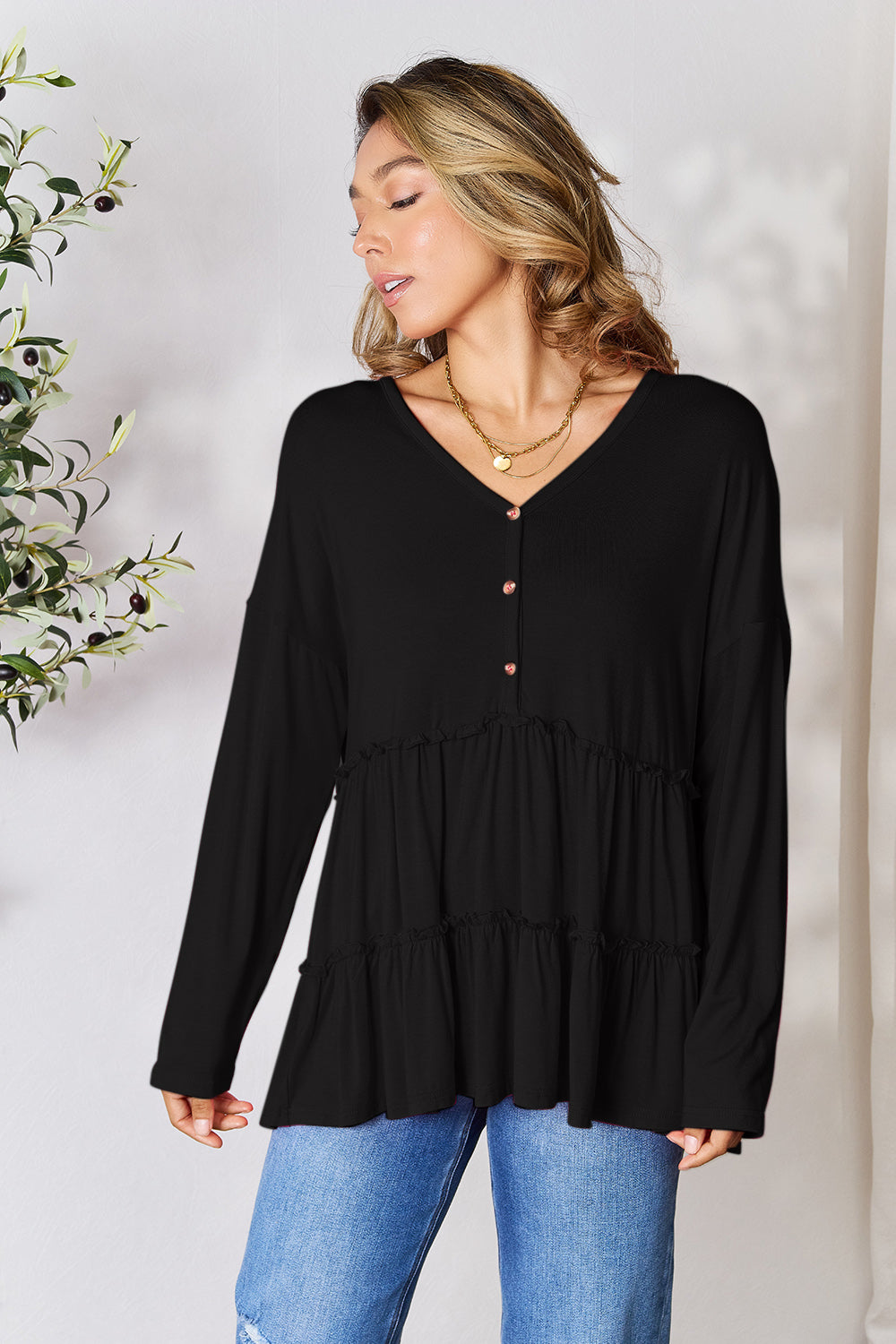 Half Button Long Sleeve Ruffle Hem Blouse - 7 Colors
