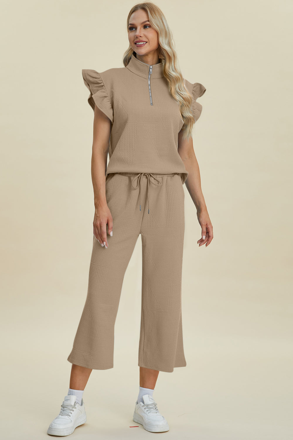 Texture Ruffle Short Sleeve Top and Wide Leg Pants Set - 5 Colors