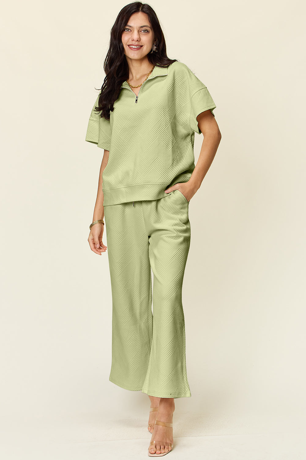 Texture Half Zip Short Sleeve Top and Pants Set - 6 Colors