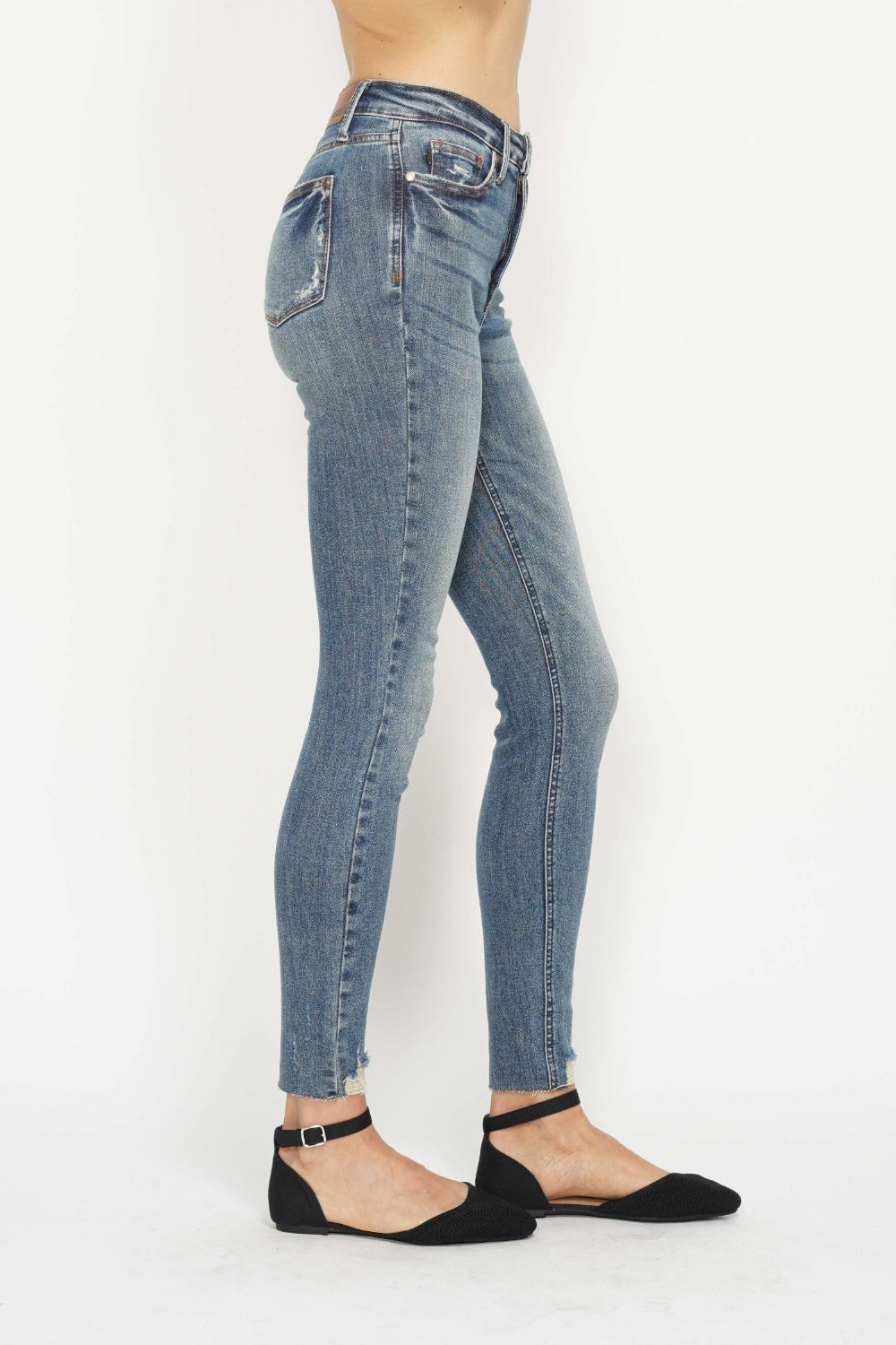 Judy Blue Tummy Control High Rise Vintage Wash Hem Destroy Skinny Jeans