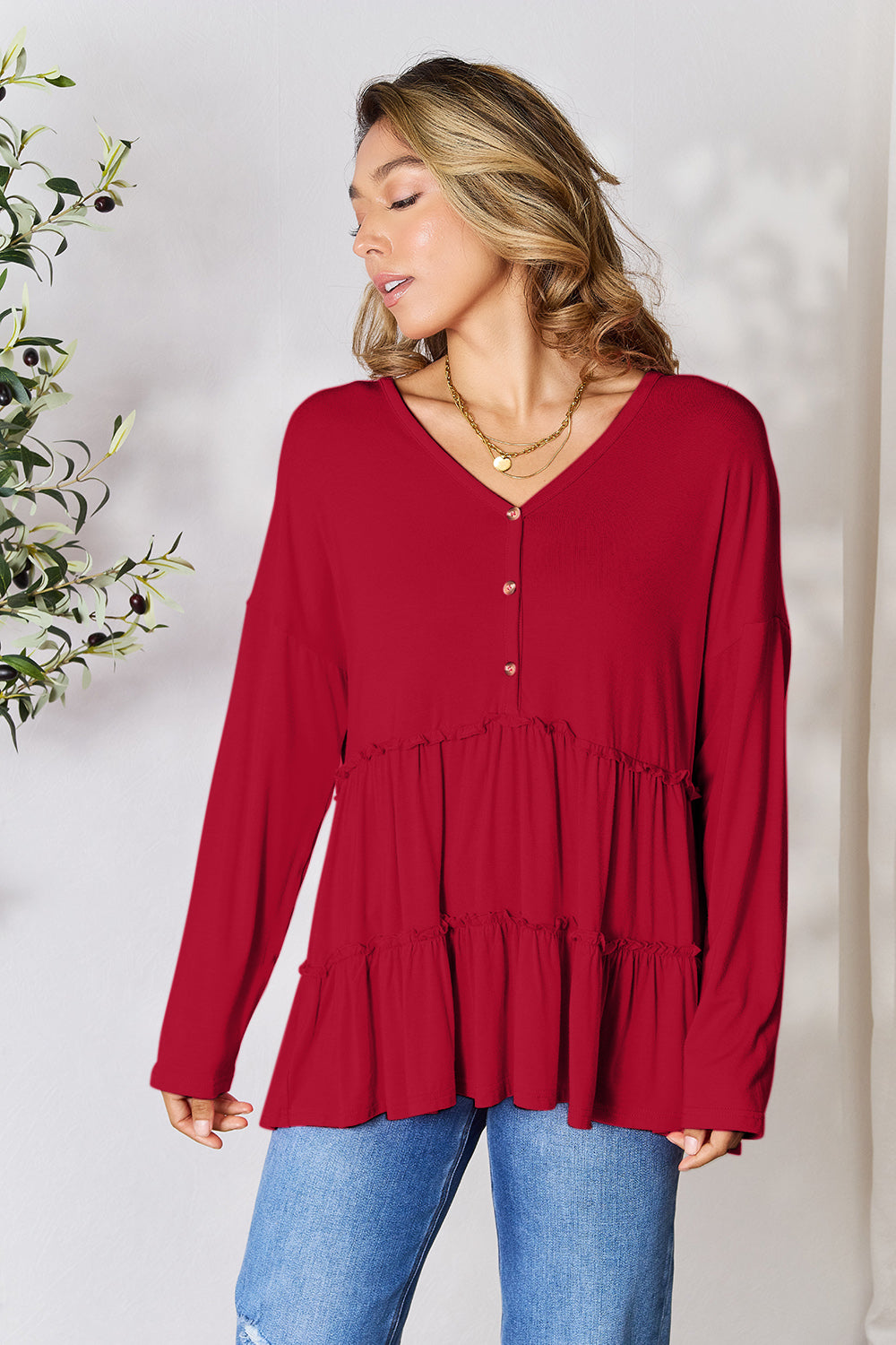 Half Button Long Sleeve Ruffle Hem Blouse - 7 Colors