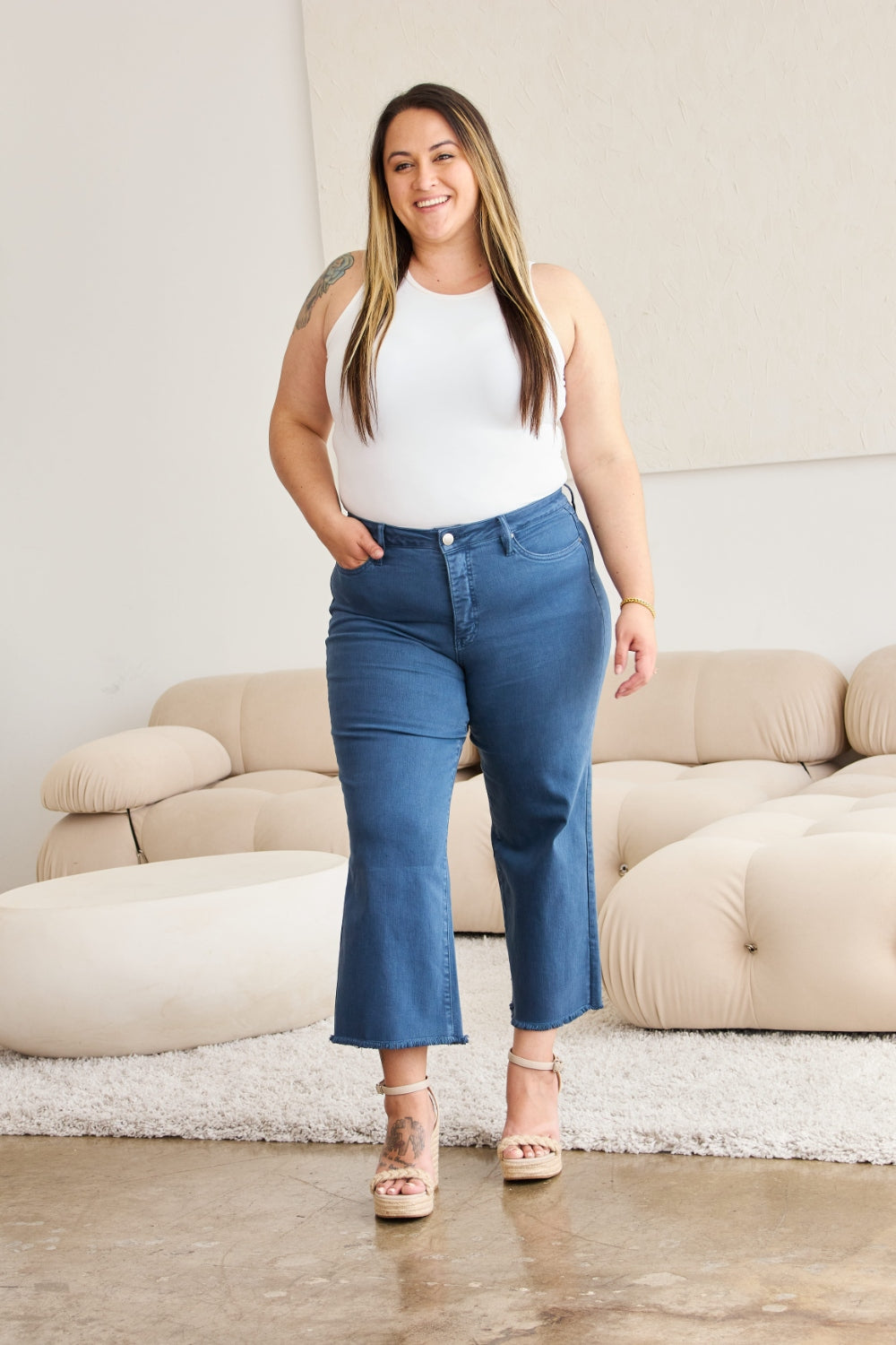 RFM Tummy Control High Waist Raw Hem Cropped Jeans - Blue Slate