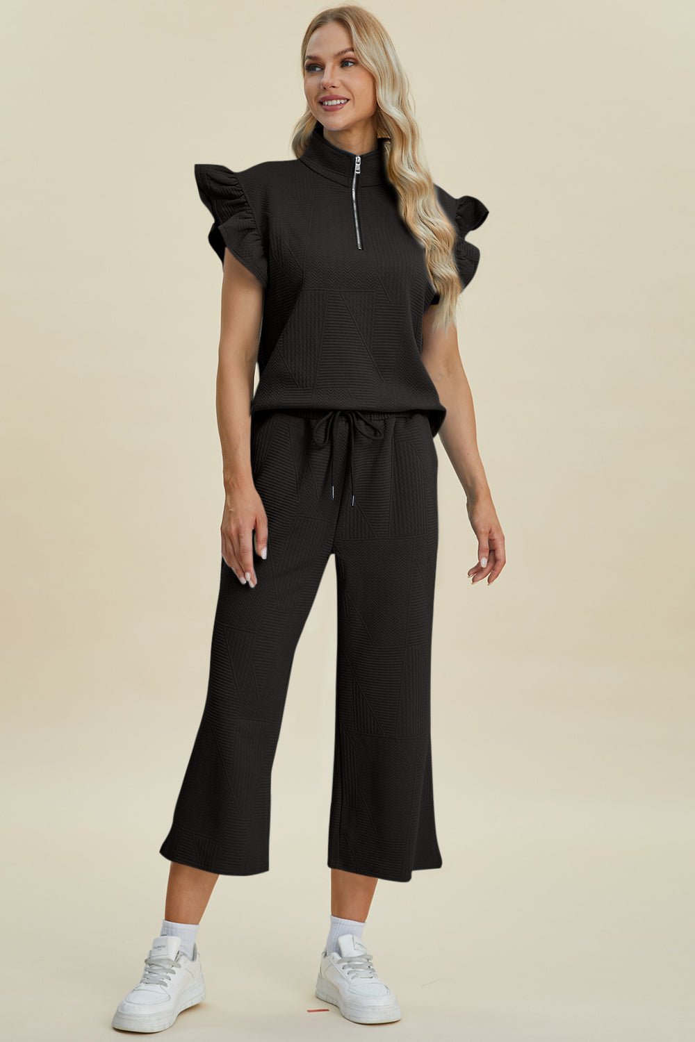Texture Ruffle Short Sleeve Top and Wide Leg Pants Set - 5 Colors
