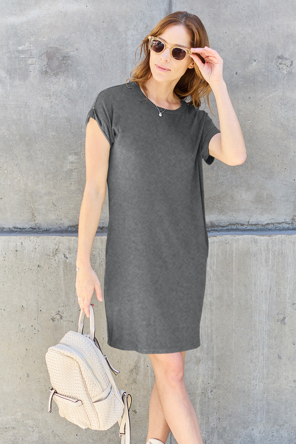 Round Neck Short Sleeve Dress with Pockets - 5 colors