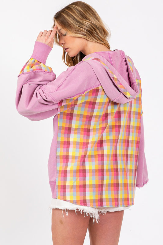 Plaid Print Mineral Washed Hoodie - Lilac