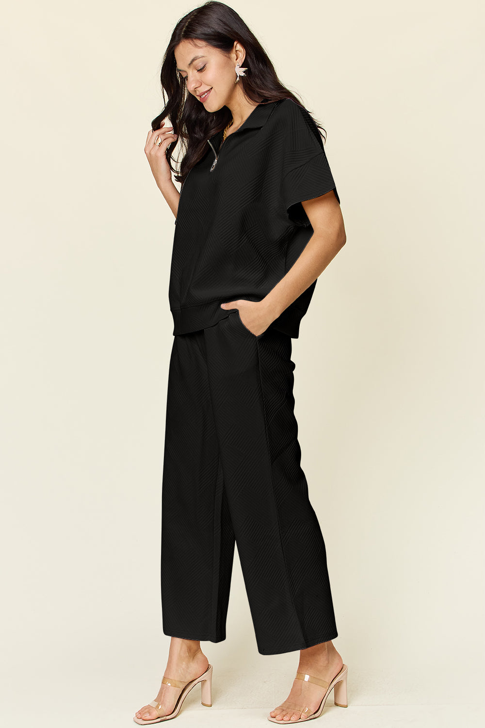 Texture Half Zip Short Sleeve Top and Pants Set - 6 Colors