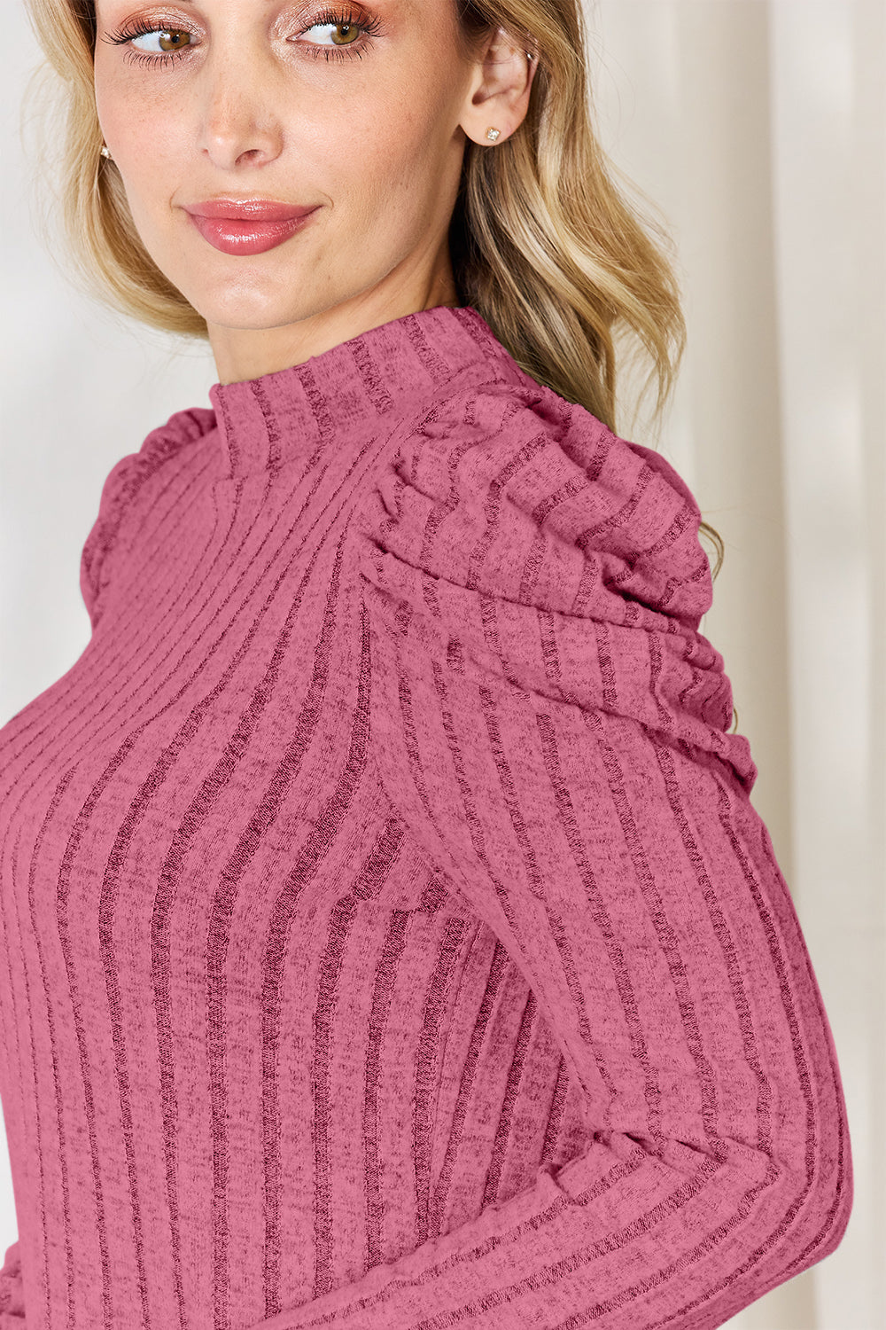 Ribbed Mock Neck Puff Sleeve T-Shirt - 5 Colors