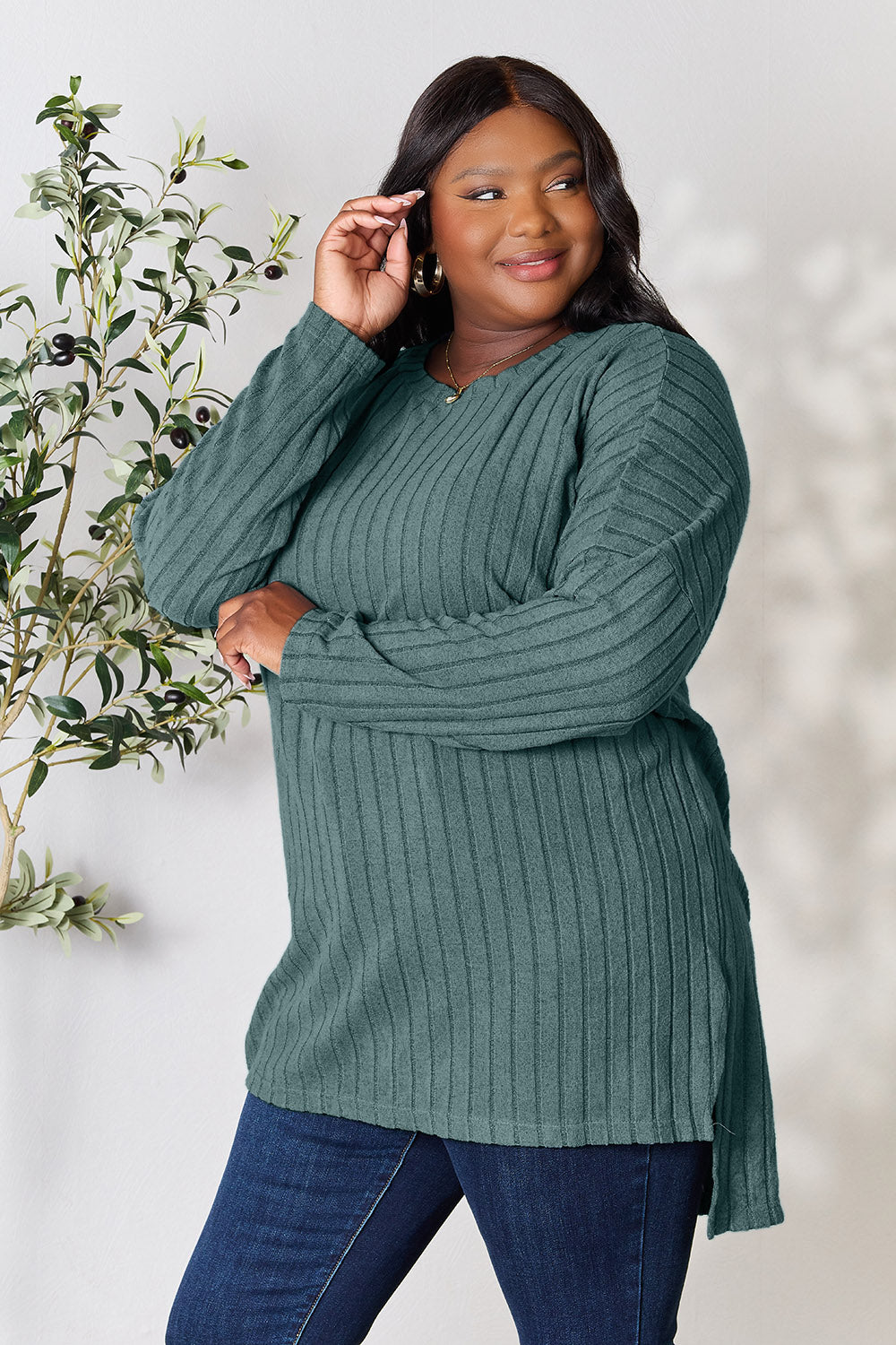 Ribbed Round Neck Long Sleeve Slit Top - 5 Colors