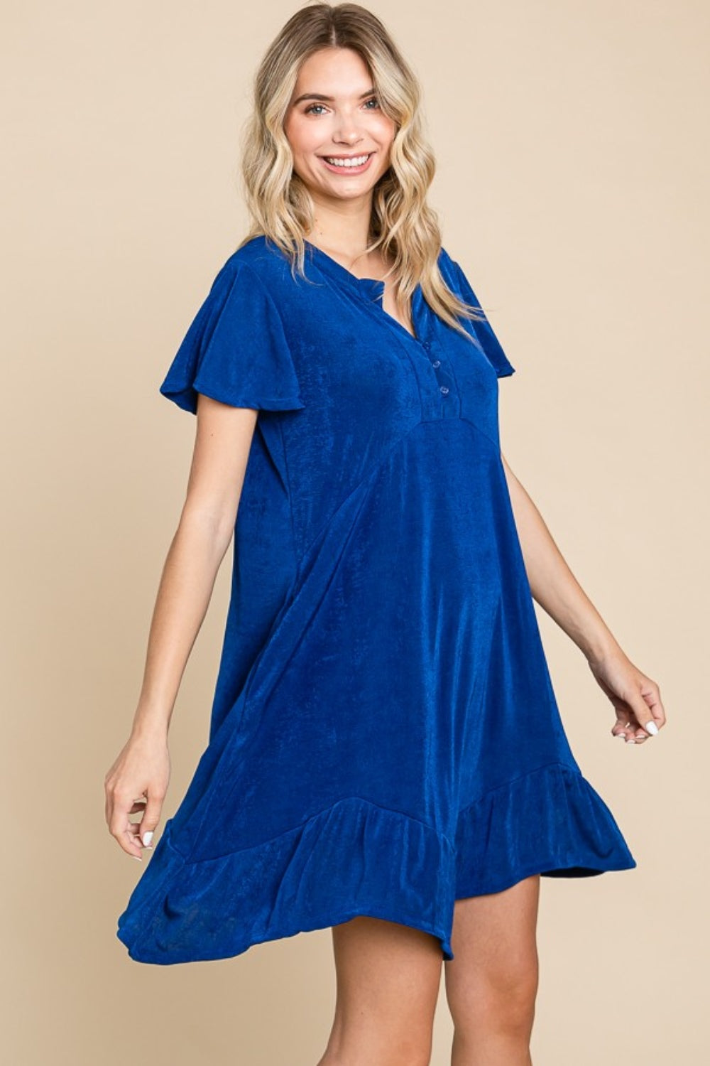 Short Sleeve Ruffled Asymmetric Hem Dress - Royal Blue