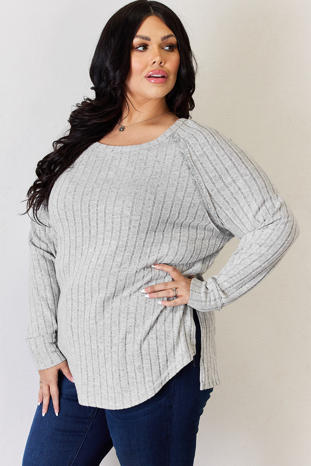 Ribbed Round Neck Slit T-Shirt - 5 Colors
