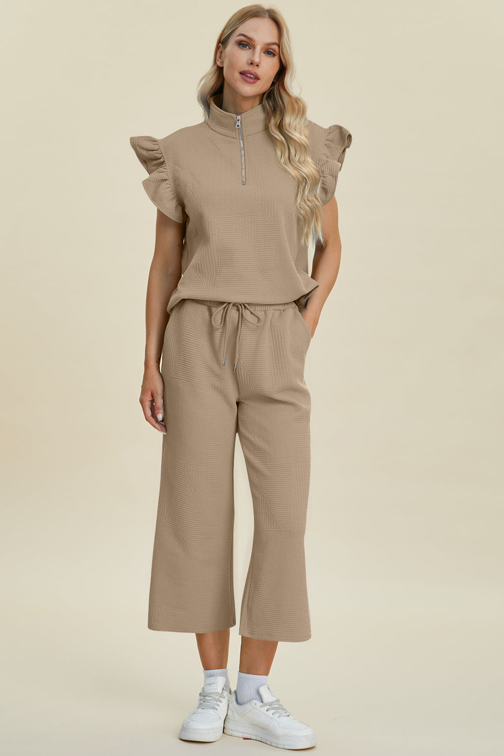 Texture Ruffle Short Sleeve Top and Wide Leg Pants Set - 5 Colors
