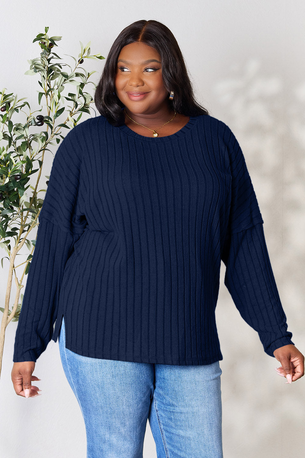 Ribbed Round Neck Slit Knit Top - 5 Colors