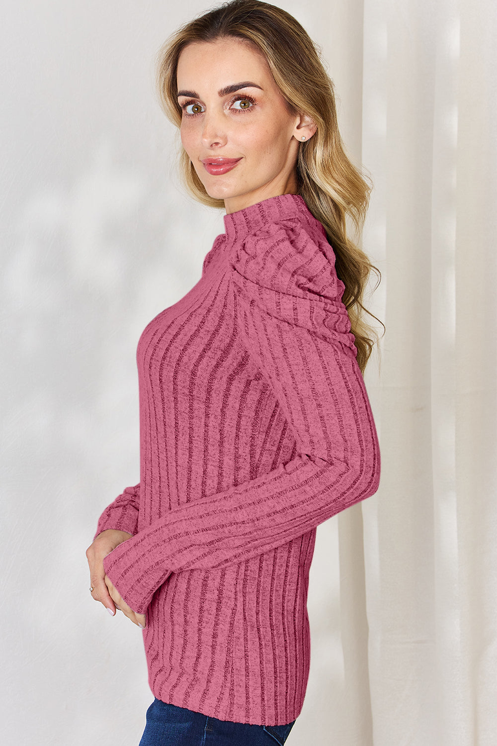 Ribbed Mock Neck Puff Sleeve T-Shirt - 5 Colors