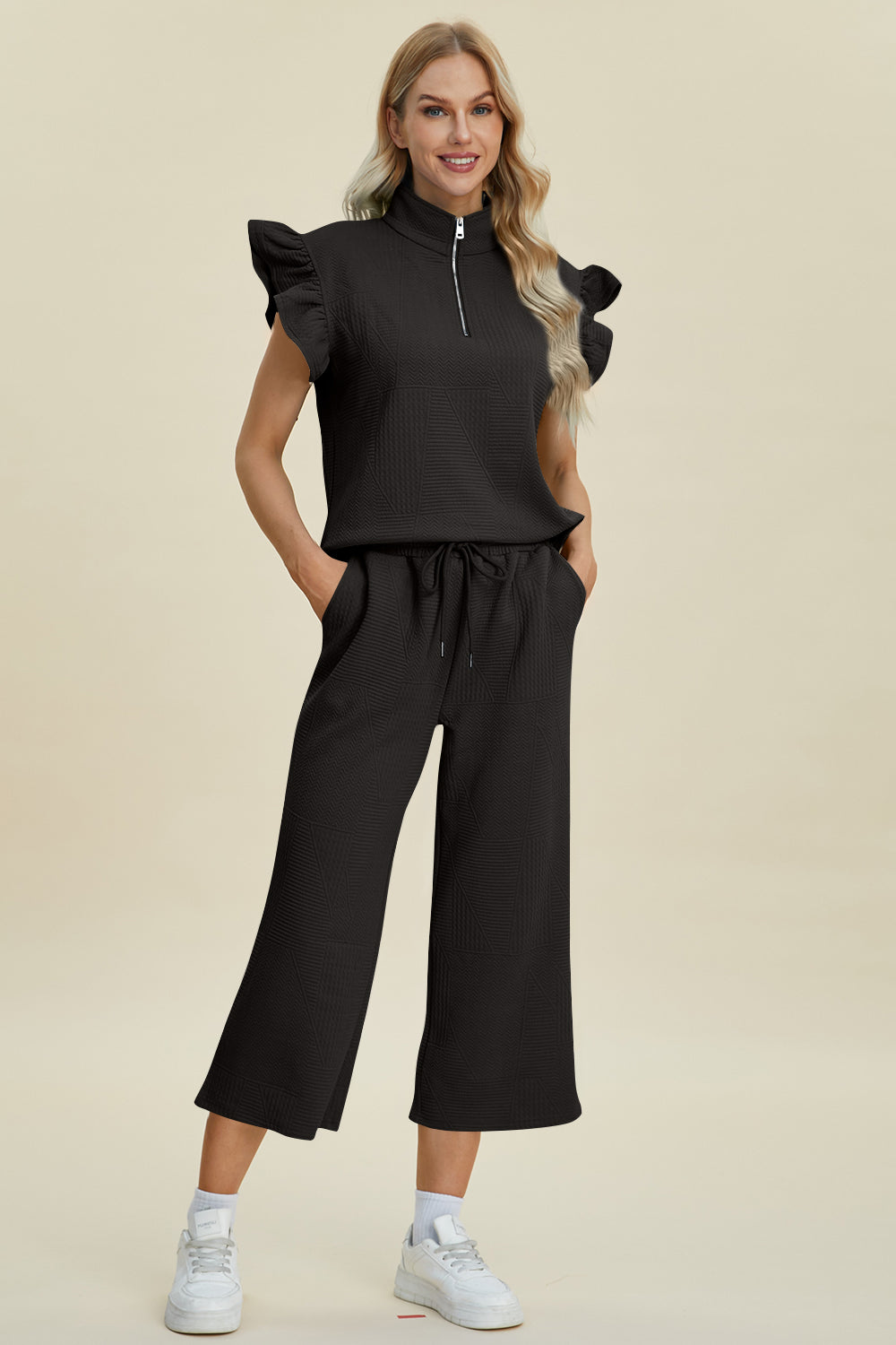 Texture Ruffle Short Sleeve Top and Wide Leg Pants Set - 5 Colors