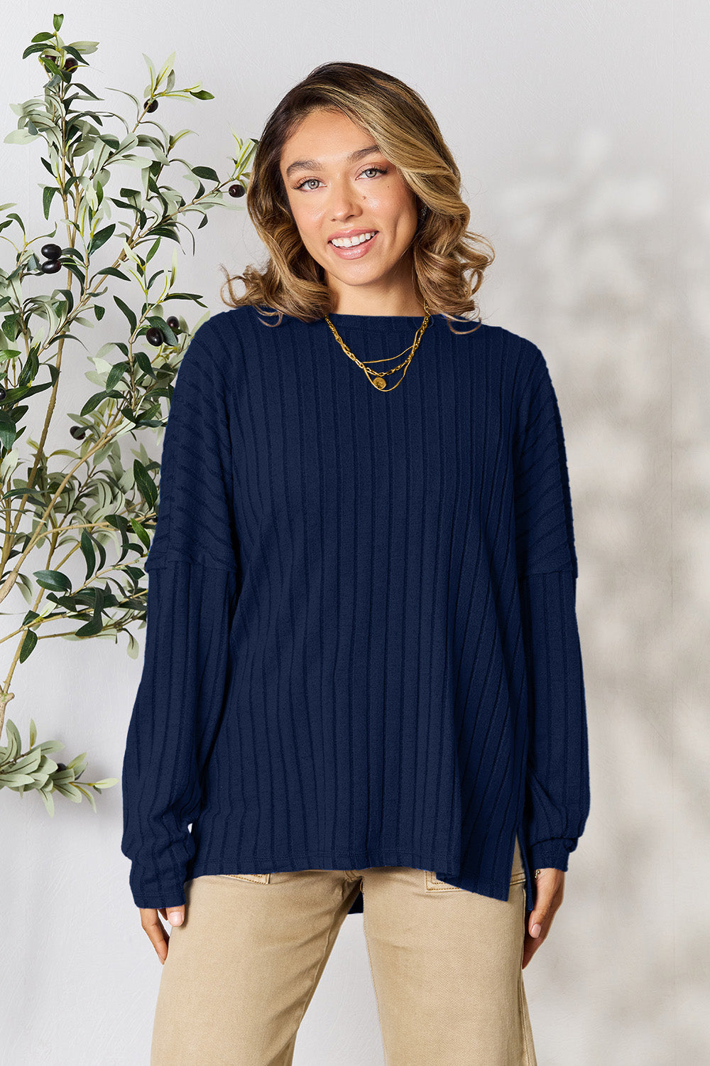 Ribbed Round Neck Slit Knit Top - 5 Colors