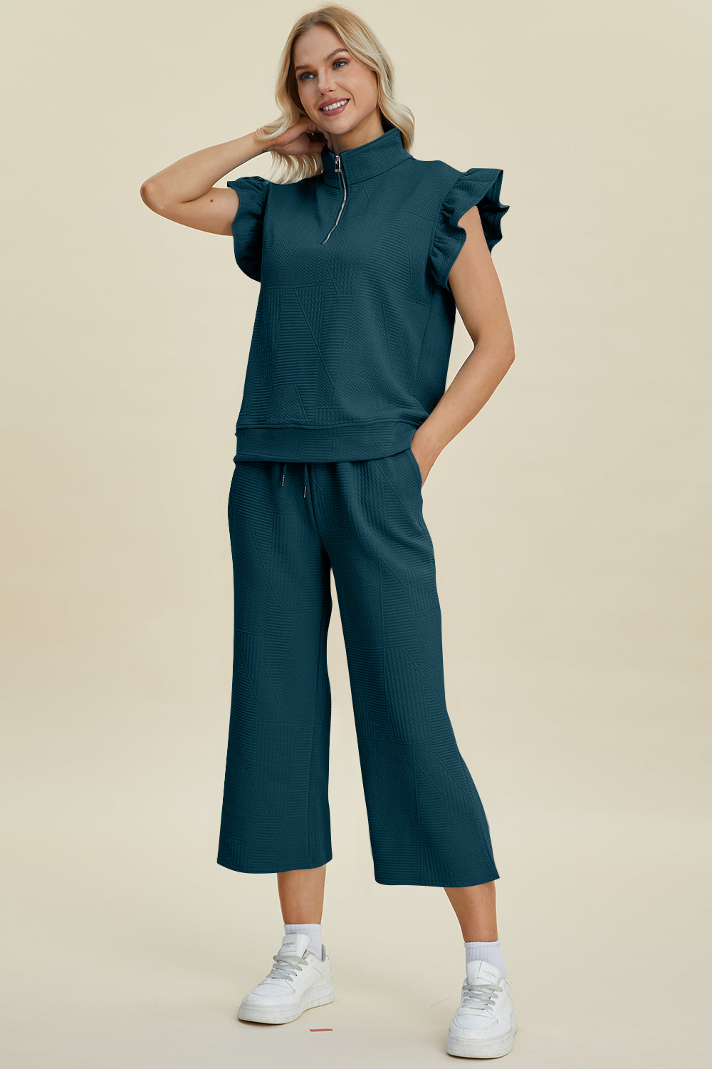 Texture Ruffle Short Sleeve Top and Wide Leg Pants Set - 5 Colors