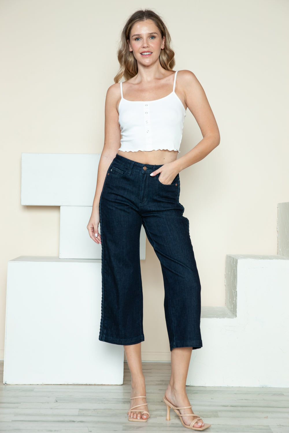 Judy Blue Side Seam Braid Detail High Rise Crop Wide Leg Jeans