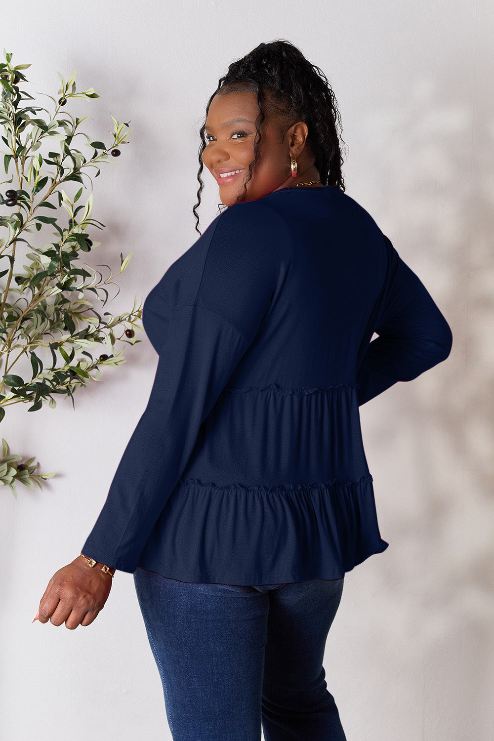 Half Button Long Sleeve Ruffle Hem Blouse - 7 Colors