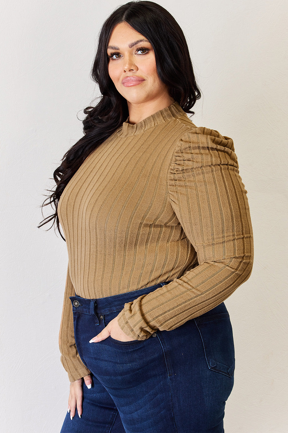 Ribbed Mock Neck Puff Sleeve T-Shirt - 5 Colors
