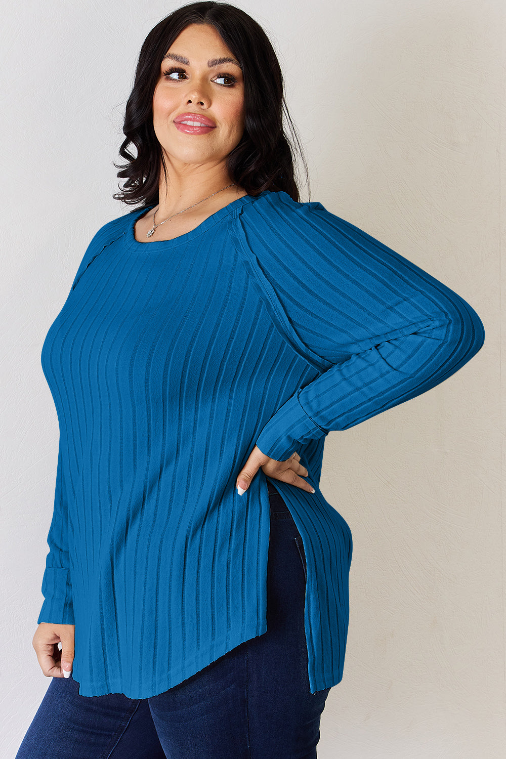 Ribbed Round Neck Slit T-Shirt - 5 Colors