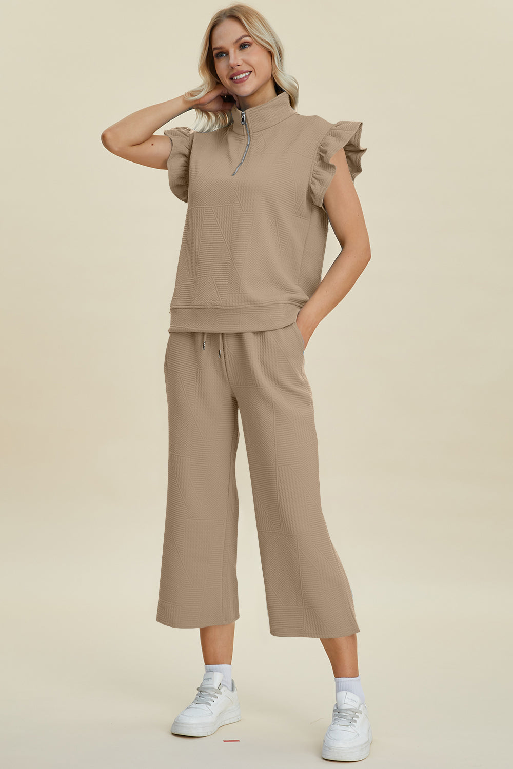 Texture Ruffle Short Sleeve Top and Wide Leg Pants Set - 5 Colors