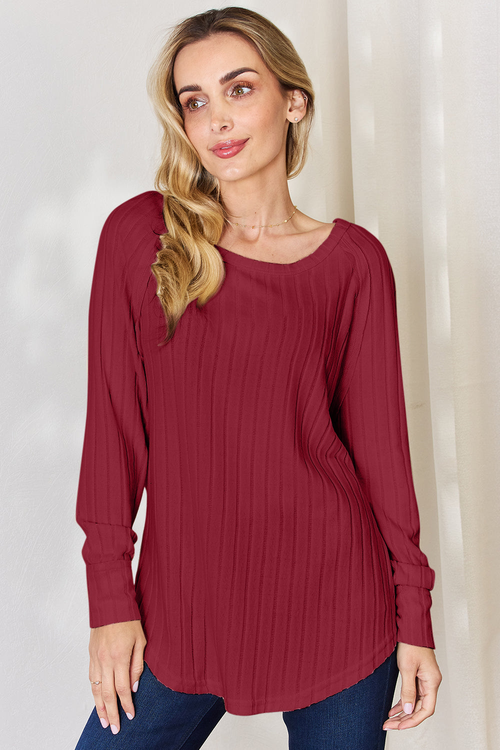 Ribbed Round Neck Slit T-Shirt - 5 Colors