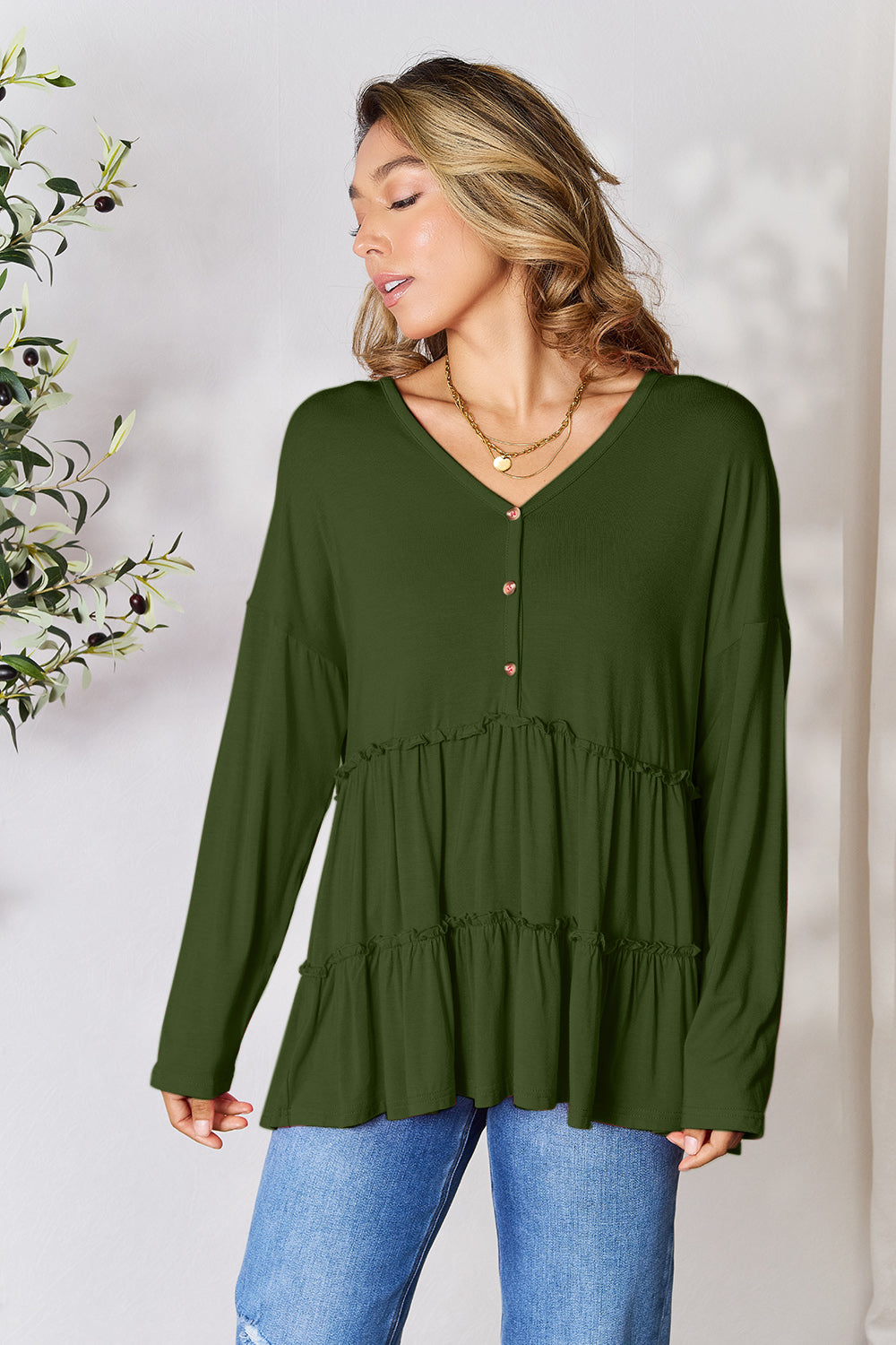 Half Button Long Sleeve Ruffle Hem Blouse - 7 Colors