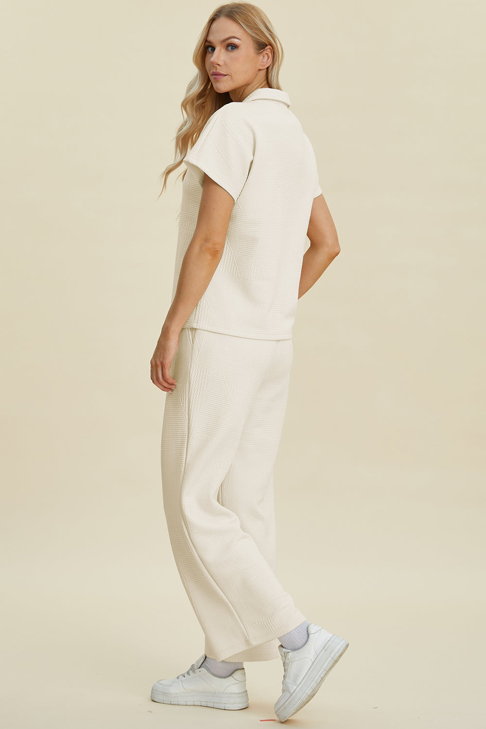 Collared Neck Short Sleeve Top and Pants Set - 2 Colors