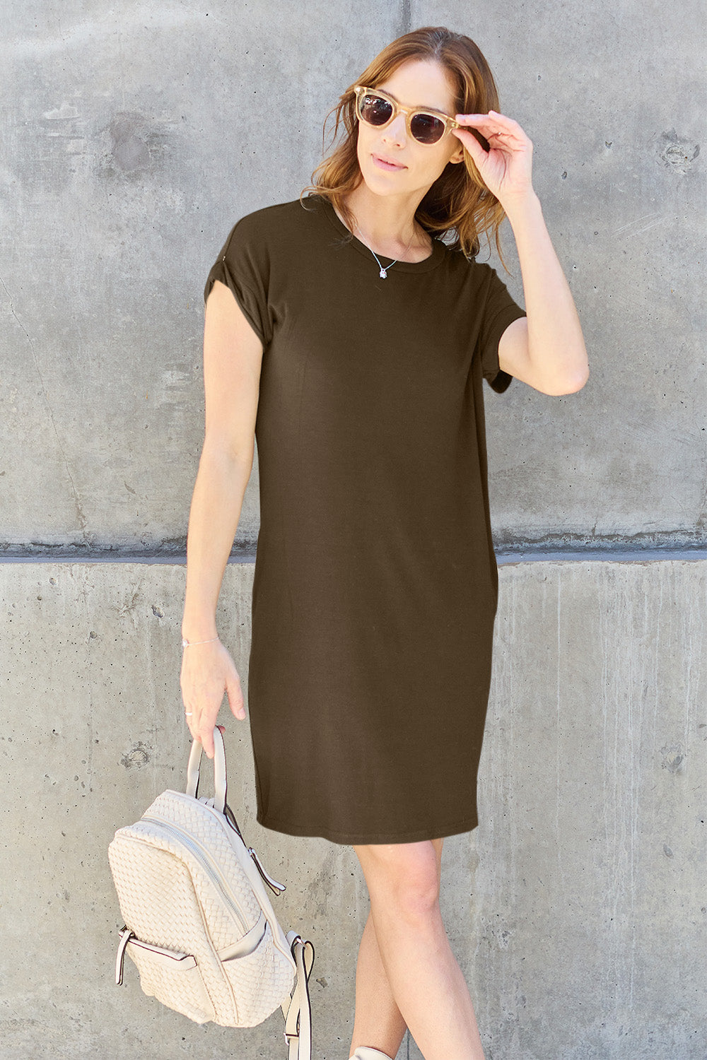 Round Neck Short Sleeve Dress with Pockets - 5 colors