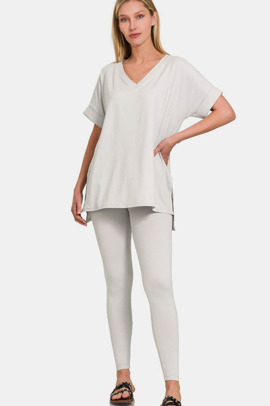 V-Neck Rolled Short Sleeve T-Shirt and Leggings Lounge Set - LT Cement