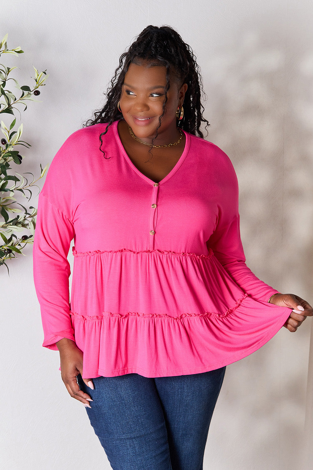 Half Button Long Sleeve Ruffle Hem Blouse - 7 Colors
