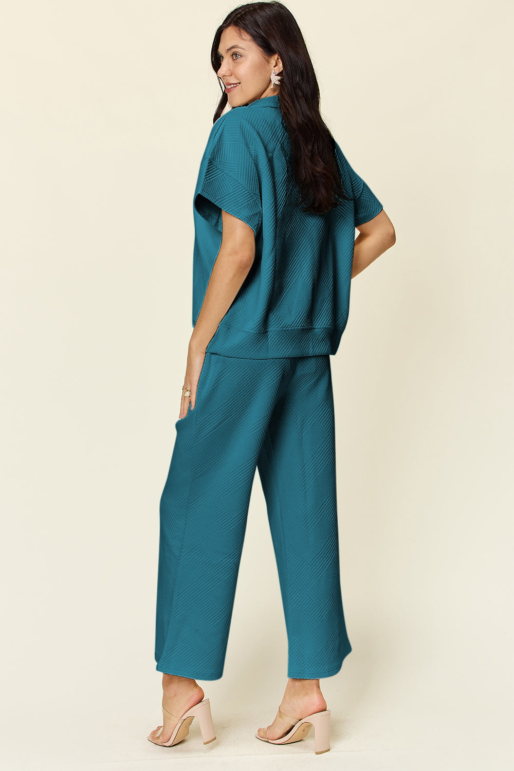 Texture Half Zip Short Sleeve Top and Pants Set - 6 Colors