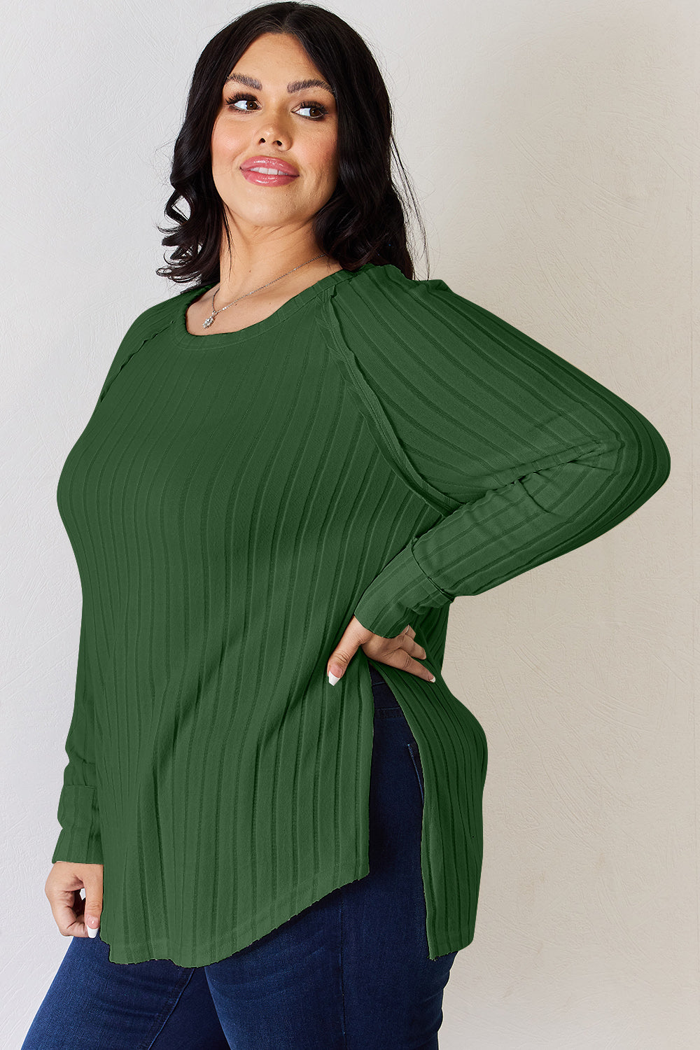 Ribbed Round Neck Slit T-Shirt - 5 Colors