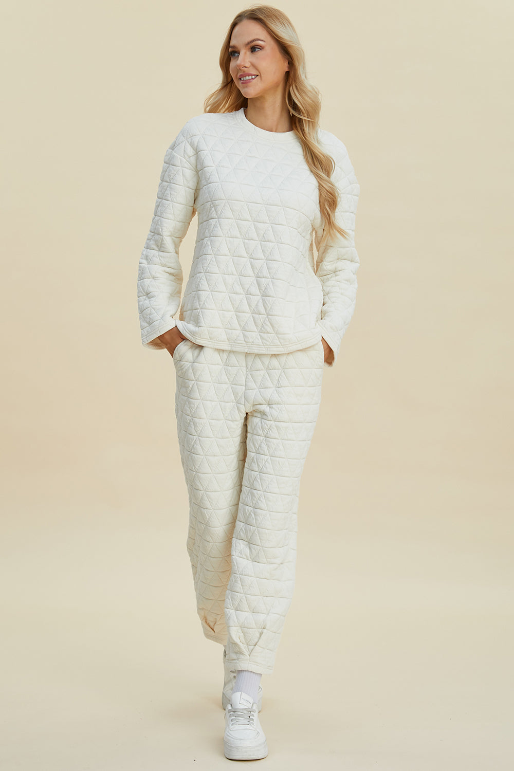 Texture Round Neck Long Sleeve Top and Pants Set - 3 Colors