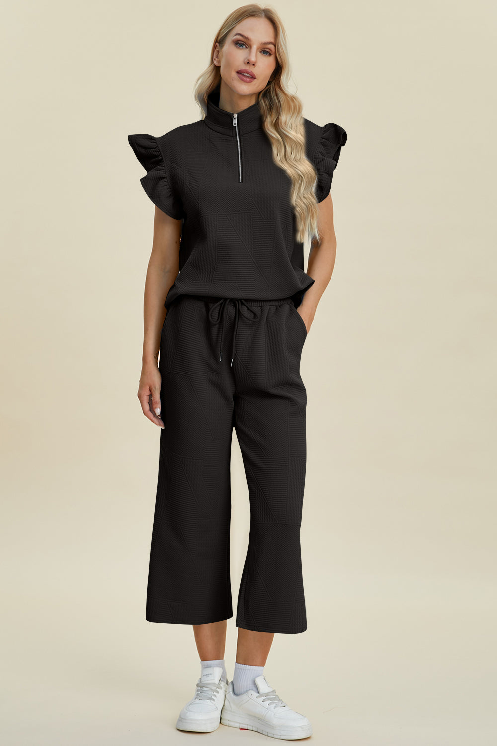 Texture Ruffle Short Sleeve Top and Wide Leg Pants Set - 5 Colors