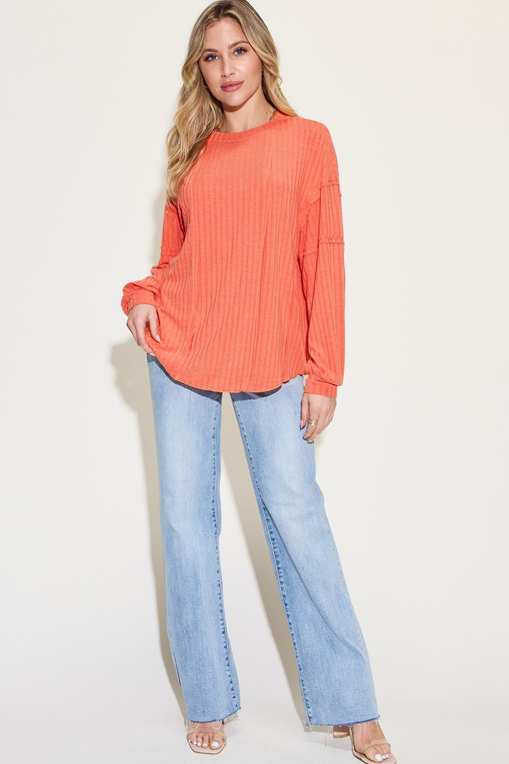 Ribbed Round Neck Long Sleeve T-Shirt - 8 Colors