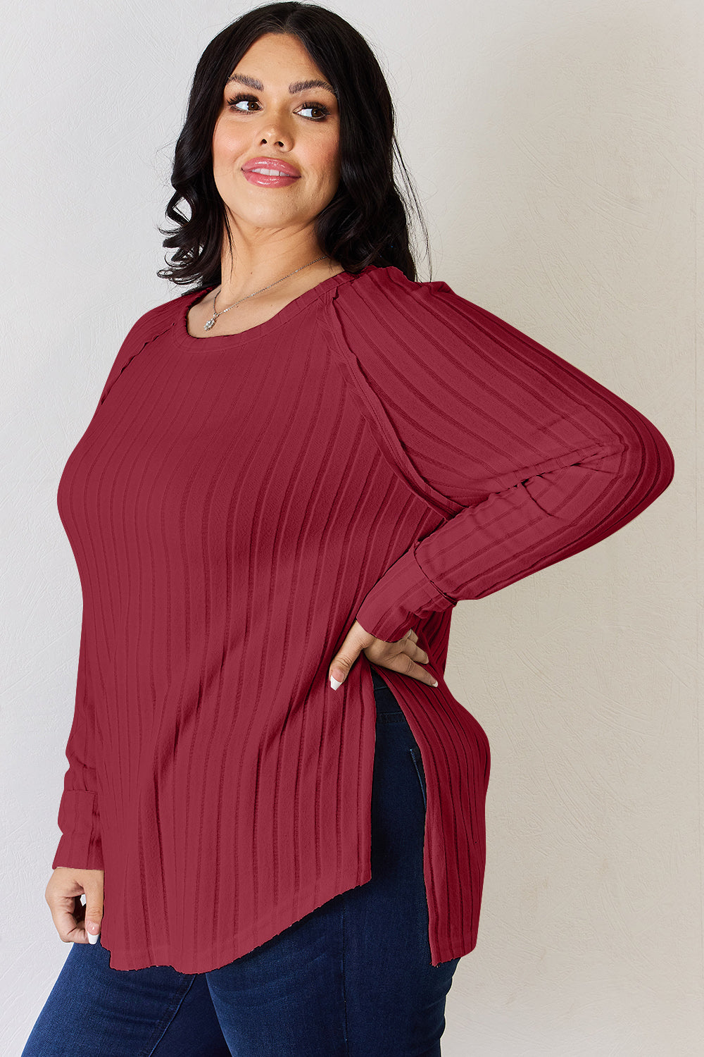 Ribbed Round Neck Slit T-Shirt - 5 Colors