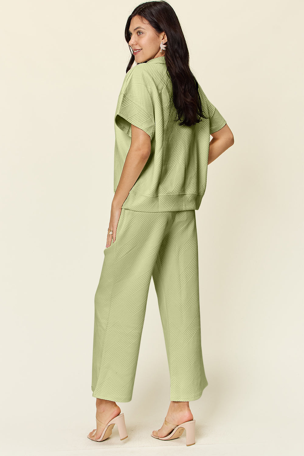Texture Half Zip Short Sleeve Top and Pants Set - 6 Colors