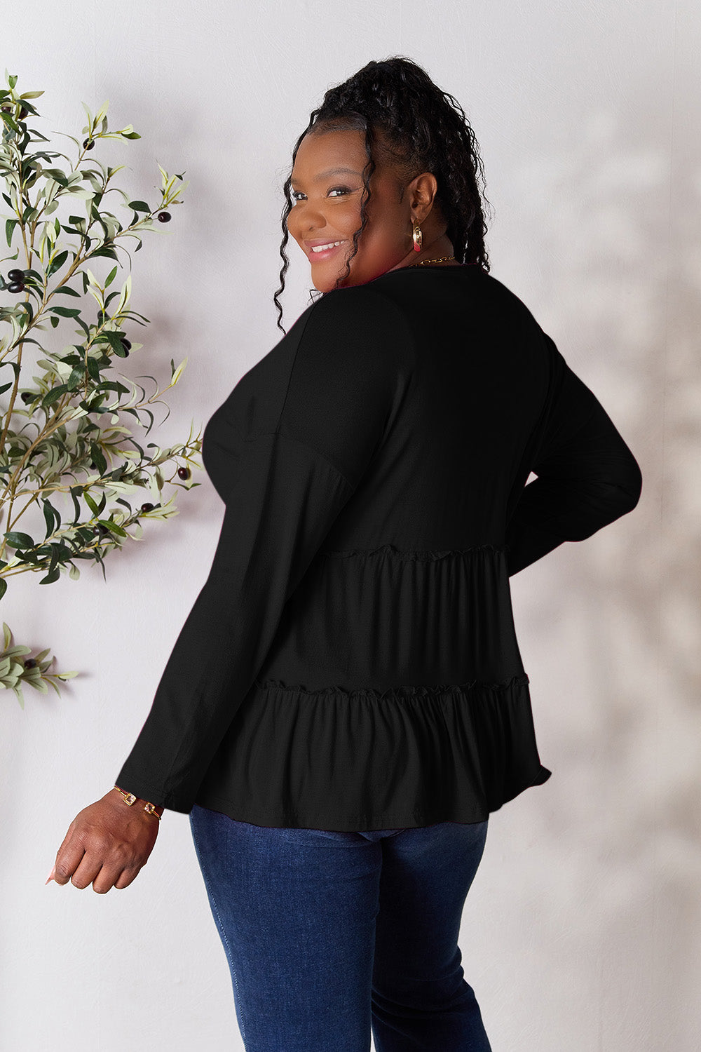 Half Button Long Sleeve Ruffle Hem Blouse - 7 Colors