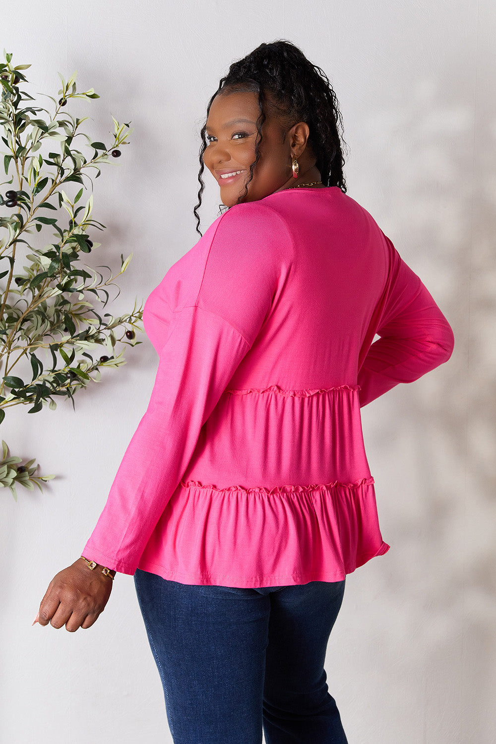 Half Button Long Sleeve Ruffle Hem Blouse - 7 Colors